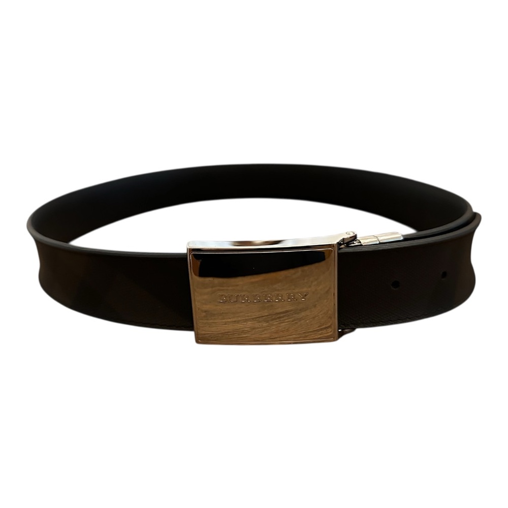Burberry Black Leather Reversible Dress Belt with Polished Silver Buckle
